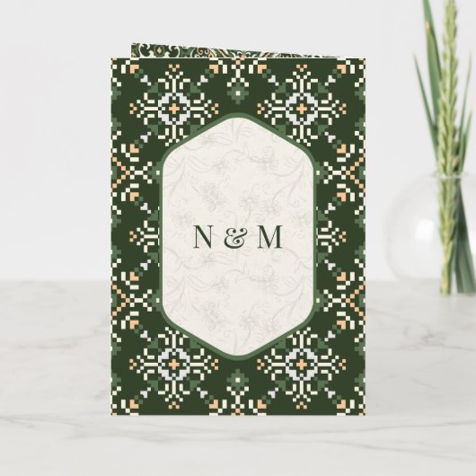 1シーク教徒のダークグリーンのクロス結婚ステッチ 招待状 (裏面)