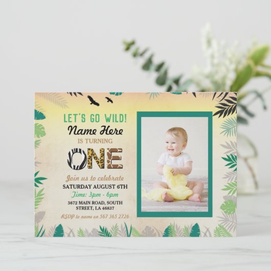1ジャングルの1歳の誕生日パーティーサファリZOOの写真 招待状 (スタンド正面)