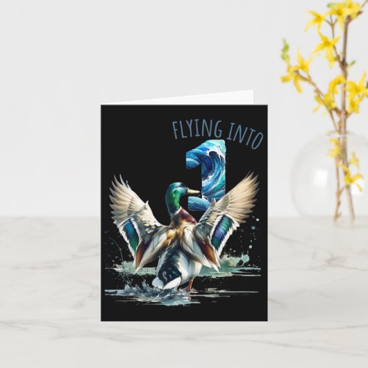 1ダック飛んでいる狩り1st誕生日パーティー1アイ カード (黄色い花)