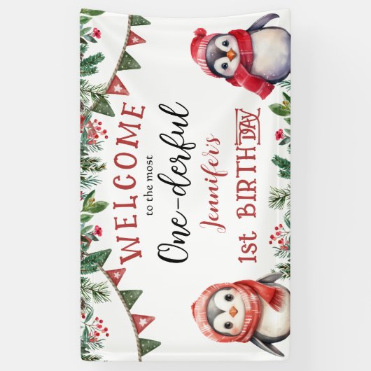 1ダフル |ペンギンのクリスマス1回目の誕生日パーティー 横断幕 (縦)