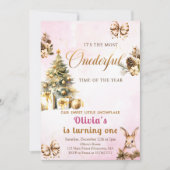 1ダーフル冬のクリスマスピンクの誕生日 招待状 (正面)