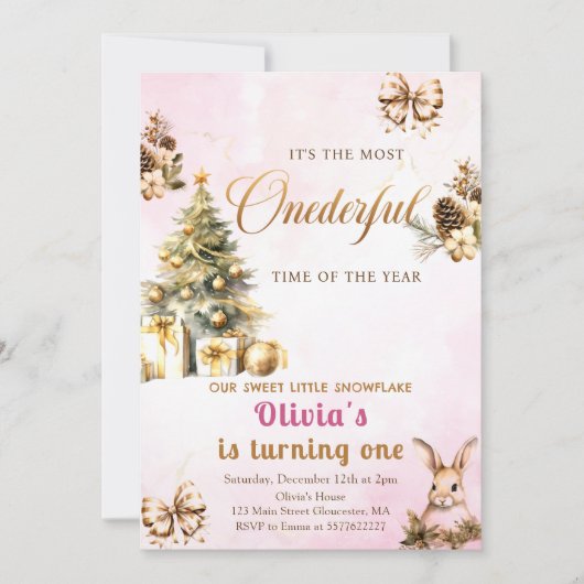 1ダーフル冬のクリスマスピンクの誕生日 招待状 (正面)