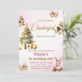 1ダーフル冬のクリスマスピンクの誕生日 招待状 (スタンド正面)