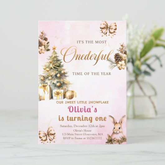 1ダーフル冬のクリスマスピンクの誕生日 招待状 (スタンド正面)