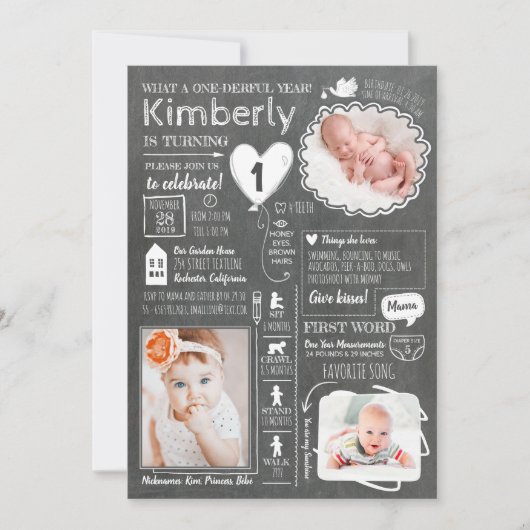 1ダーフル年のインフォグラフィックおもしろい1st誕生日の写真 招待状 (正面)
