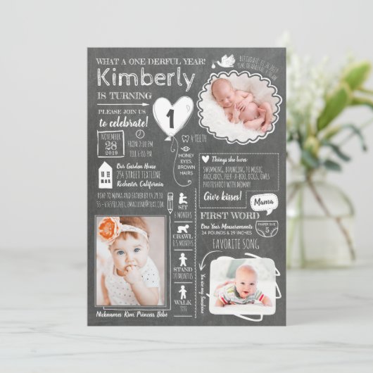 1ダーフル年のインフォグラフィックおもしろい1st誕生日の写真 招待状 (スタンド正面)