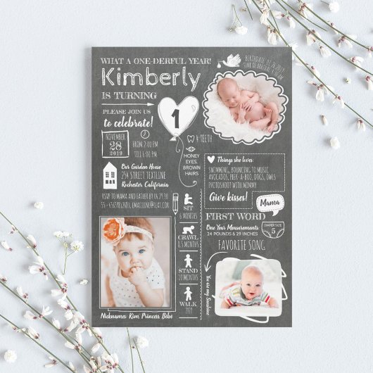 1ダーフル年のインフォグラフィックおもしろい1st誕生日の写真 招待状