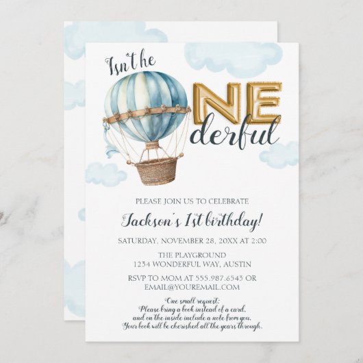 1ダーフル第1誕生日金箔ホットエアバルーン 招待状 (正面/裏面)