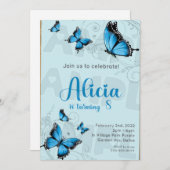 1デジタルJPEGブルーバタフライ誕生日招待状 招待状 (正面/裏面)
