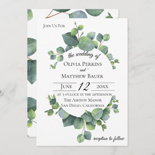 1ドル銀貨のユーカリは結婚式招待状を去ります 招待状 (正面/裏面)