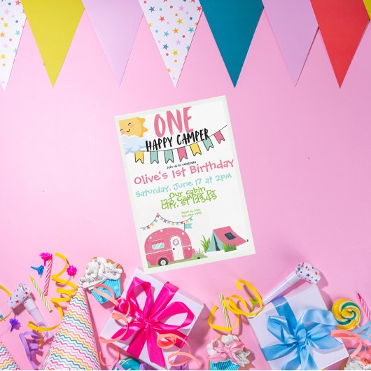1ハッピーキャンパーの女の子の誕生日 招待状