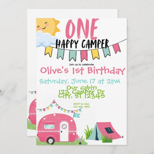 1ハッピーキャンパーの女の子の誕生日 招待状 (正面/裏面)