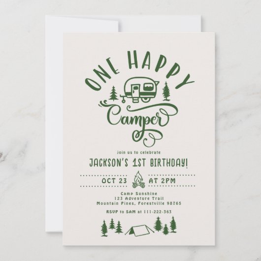 1ハッピーキャンパーミニマリストの森1歳の誕生日 招待状 (正面)