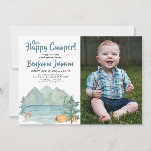 1ハッピーキャンパー写真山ボーイズ1歳の誕生日 招待状 (正面)