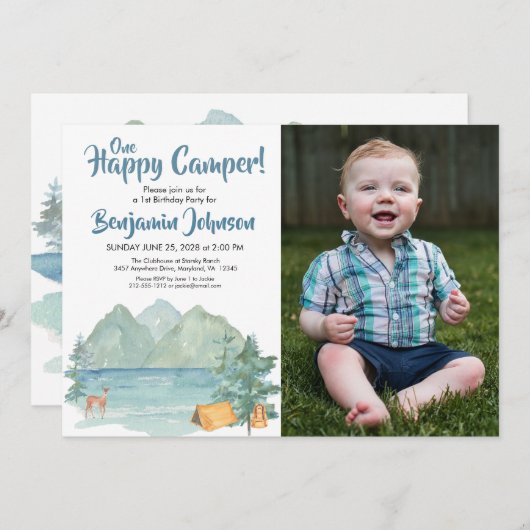 1ハッピーキャンパー写真山ボーイズ1歳の誕生日 招待状 (正面/裏面)