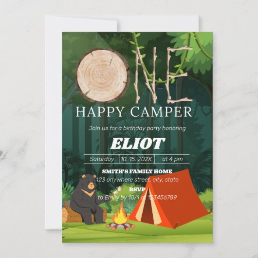 1ハッピーキャンパー少年の1歳の誕生日 招待状 (正面)