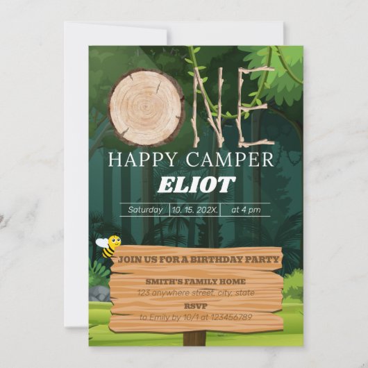 1ハッピーキャンパー少年の1歳の誕生日 招待状 (正面)