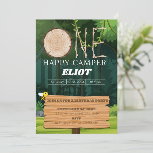 1ハッピーキャンパー少年の1歳の誕生日 招待状 (スタンド正面)
