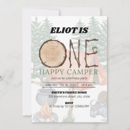 1ハッピーキャンパー少年の1歳の誕生日 招待状