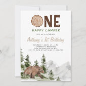 1ハッピーキャンパー水彩熊1歳の誕生日の少年 招待状 (正面)