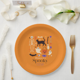 1ハロウィン不気味のモチーフのオレンジの第1誕生日 ペーパープレート