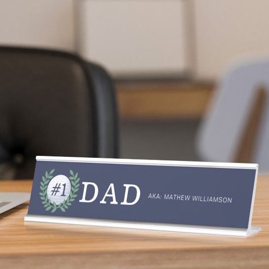 #1パパ、ゴルフボール&ローレルリースネイビーブルー デスクネームプレート