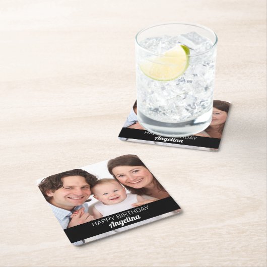 1パーソナライズされた枚のフォトハッピーバースデーの追加名 スクエアペーパーコースター (インサイチュ)