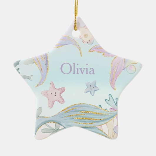 1フォトウォーターカラーグリッターマーメイドテールシー セラミックオーナメント (正面)