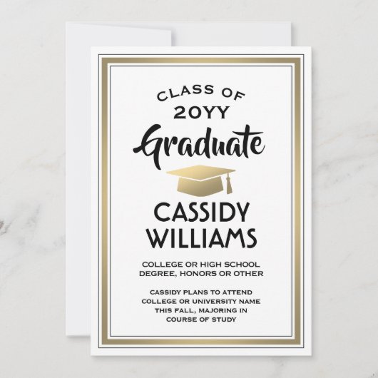 1フォトエレガントシンプルホワイト黒金ゴールド卒業 案内状 (正面)