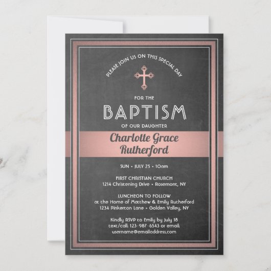 1フォトガールバプテスチャルボードとピンクローズ金ゴールド 招待状 (正面)