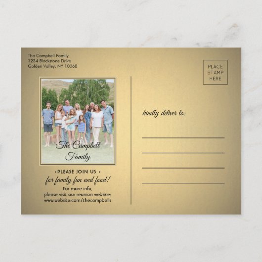 1フォトファミリー懇親会保存の日付ブラック&金ゴールド 案内ポストカード (裏面)