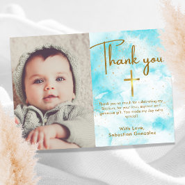 1フォトブルーエレガントウォーター色金ゴールドクロスバプテスマ サンキューカード