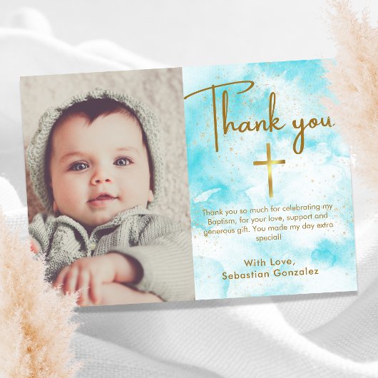 1フォトブルーエレガントウォーター色金ゴールドクロスバプテスマ サンキューカード