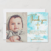 1フォトブルーエレガントウォーター色金ゴールドクロスバプテスマ サンキューカード (正面)