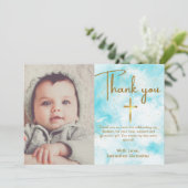 1フォトブルーエレガントウォーター色金ゴールドクロスバプテスマ サンキューカード (スタンド正面)