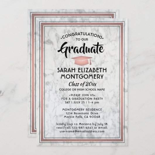 1フォトマーブルエレガント&ピンクローズ金ゴールド卒業 招待状 (正面/裏面)