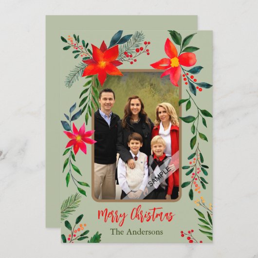 1フォトメリークリスマスウォーター色のフローラ休日 シーズンカード (正面/裏面)