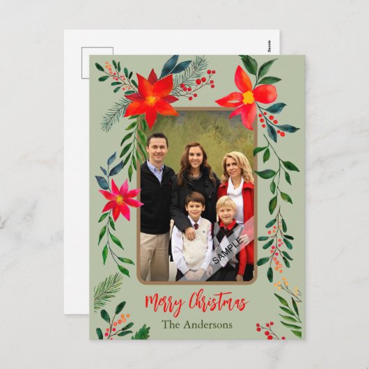 1フォトメリークリスマスウォーター色のフローラ休日 シーズンポストカード (正面/裏面)