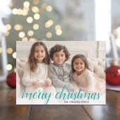 1フォトメリークリスマススクリプトティール（緑がかった色）ダマスク シーズンカード