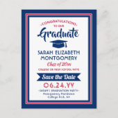 1フォトレッドホワイト&ブルー卒業デートを保存 案内ポストカード (正面)