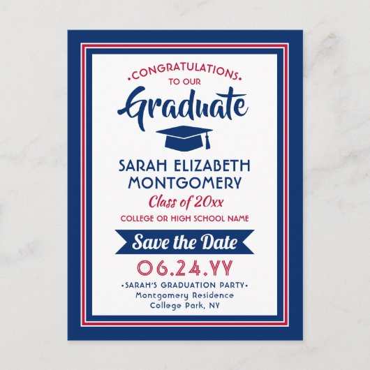 1フォトレッドホワイト&ブルー卒業デートを保存 案内ポストカード (正面)