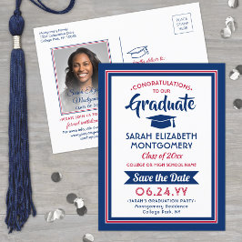 1フォトレッドホワイト&ブルー卒業デートを保存 案内ポストカード