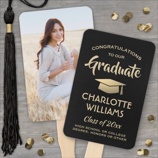 1フォト卒業おめでとうモダンブラックと金ゴールド ハンドファン