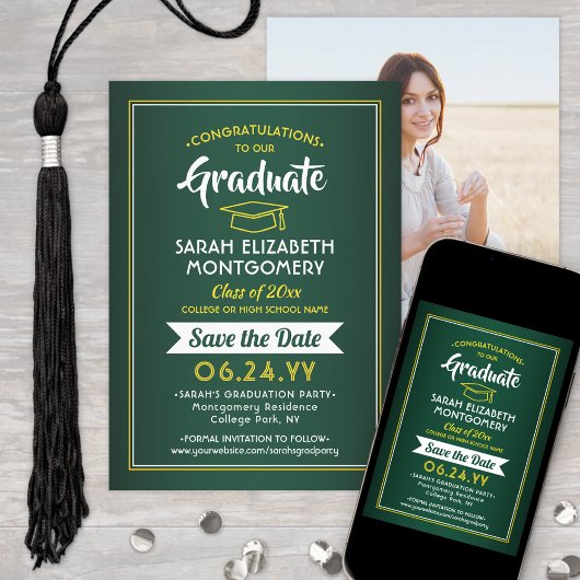 1フォト卒業エレガント緑と金ゴールド黄 セーブザデート