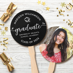 1フォト卒業ブラックスクリプトモダンハートキャップ ハンドファン