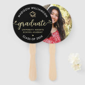 1フォト卒業ブラック金ゴールドスクリプトハートキャップ ハンドファン (正面&裏面)