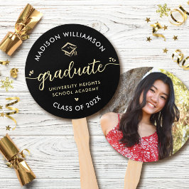 1フォト卒業ブラック金ゴールドスクリプトハートキャップ ハンドファン