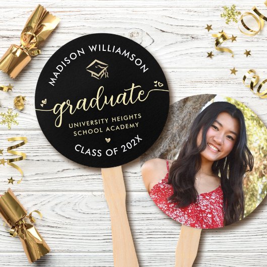 1フォト卒業ブラック金ゴールドスクリプトハートキャップ ハンドファン