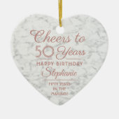 1フォトANY誕生日ピンク白フェイク大理石ハート セラミックオーナメント (正面)