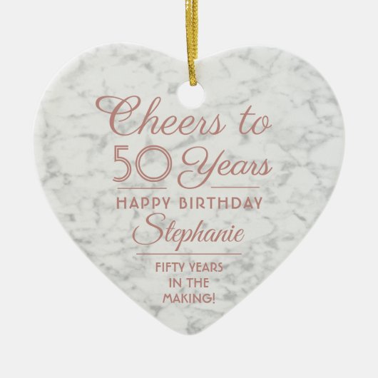 1フォトANY誕生日ピンク白フェイク大理石ハート セラミックオーナメント (正面)